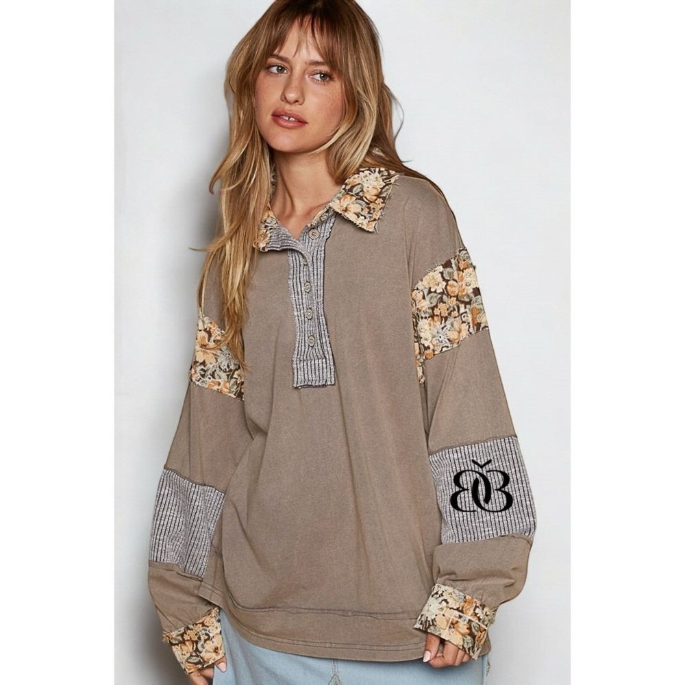 POL Gray Balloon Sleeve Polo Top | Oversized Half Button Floral Contrast Shirt - Picture 1 of 7